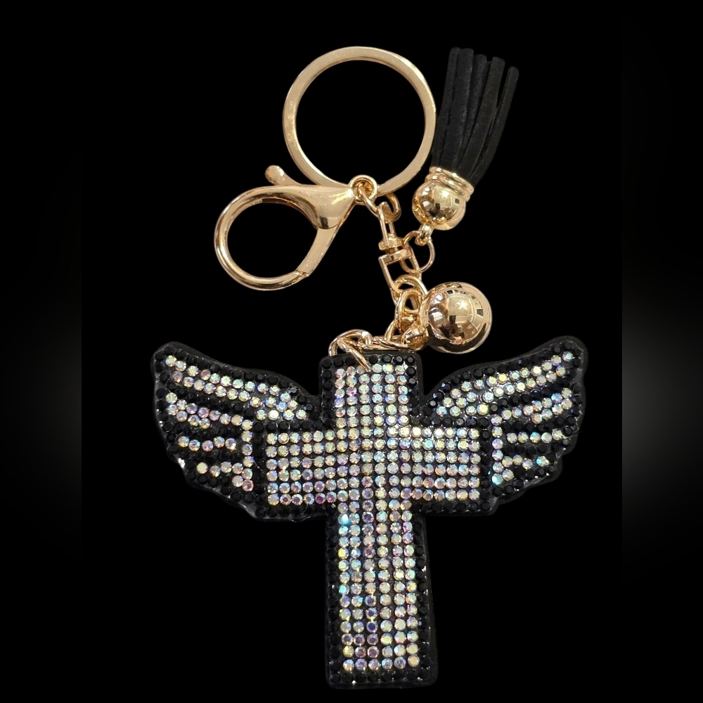 Elegant Black and Gold Winged Cross Bag Charm Keychain